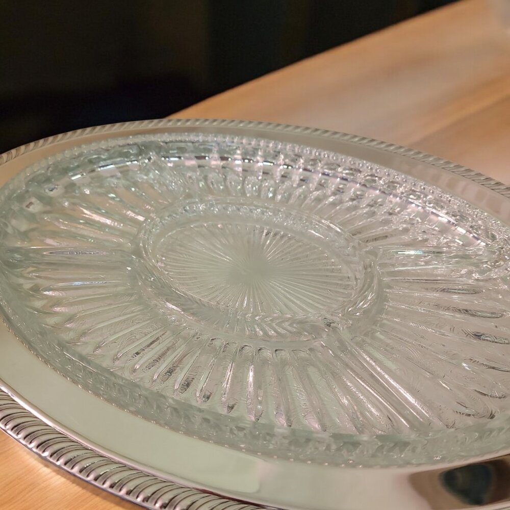 Vintage F.B. Rogers Glass & Silver Plated 2pc Condiment 5 Section Tray 16x12" - Picture 4 of 6
